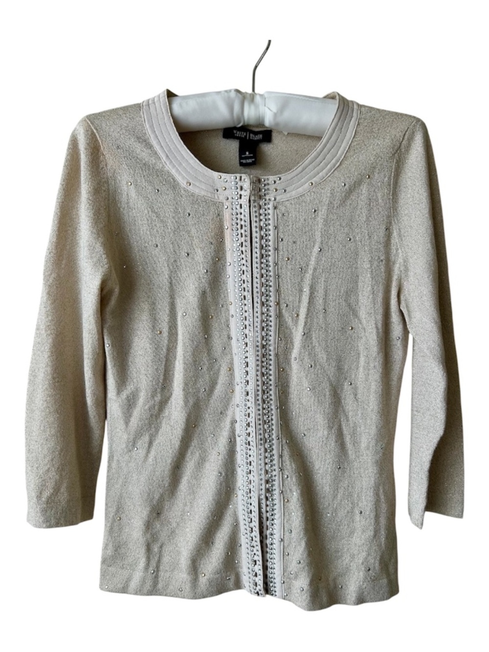 White House Black Market Sweater Gold Rhinestones Sparkle 3/4 Sleeve Small